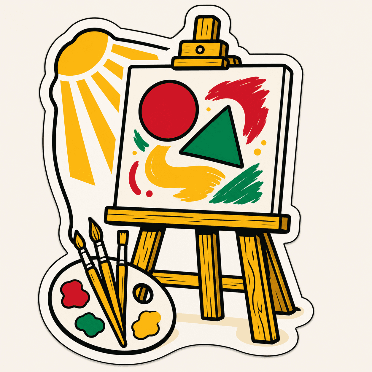 An artist's still-life corner with sketches and brushes, woodcut illustration