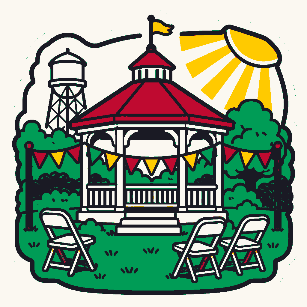 A small Carolina town gazebo on a green, woodcut illustration