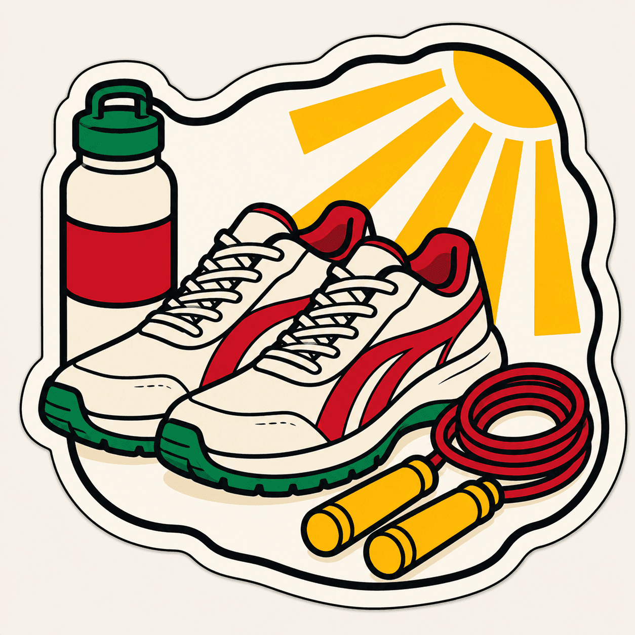 Running shoes and a water bottle on a porch, woodcut illustration