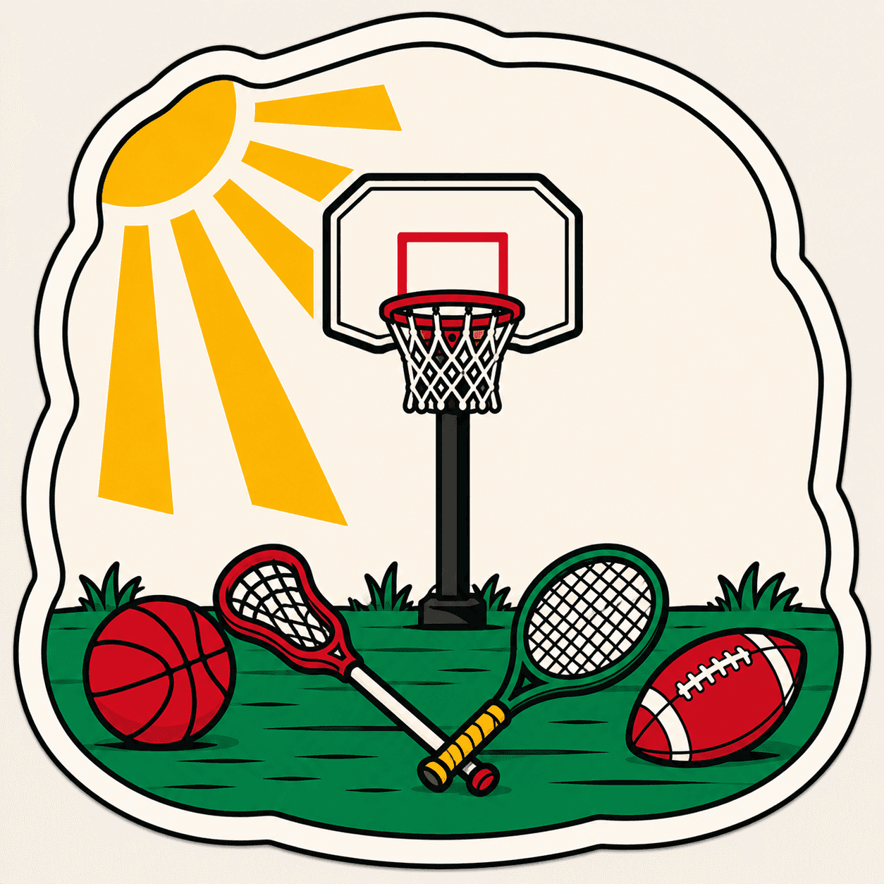 A wooden gym floor with a basketball and hoop, woodcut illustration