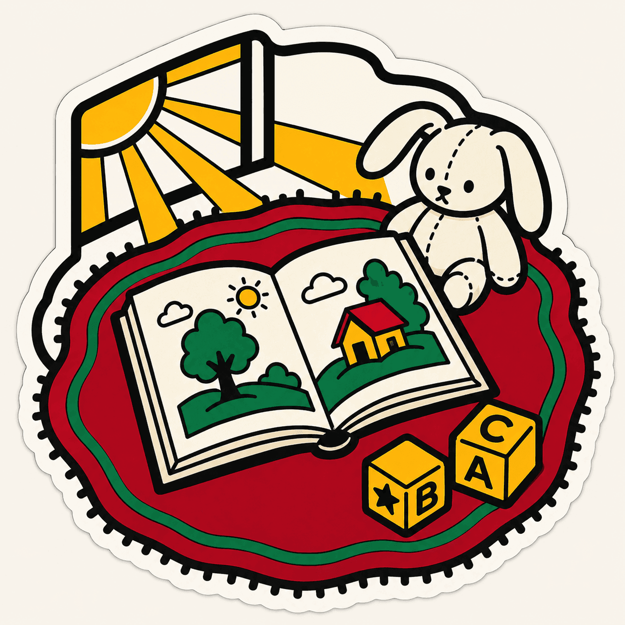 An open picture book on a children's reading rug, woodcut illustration