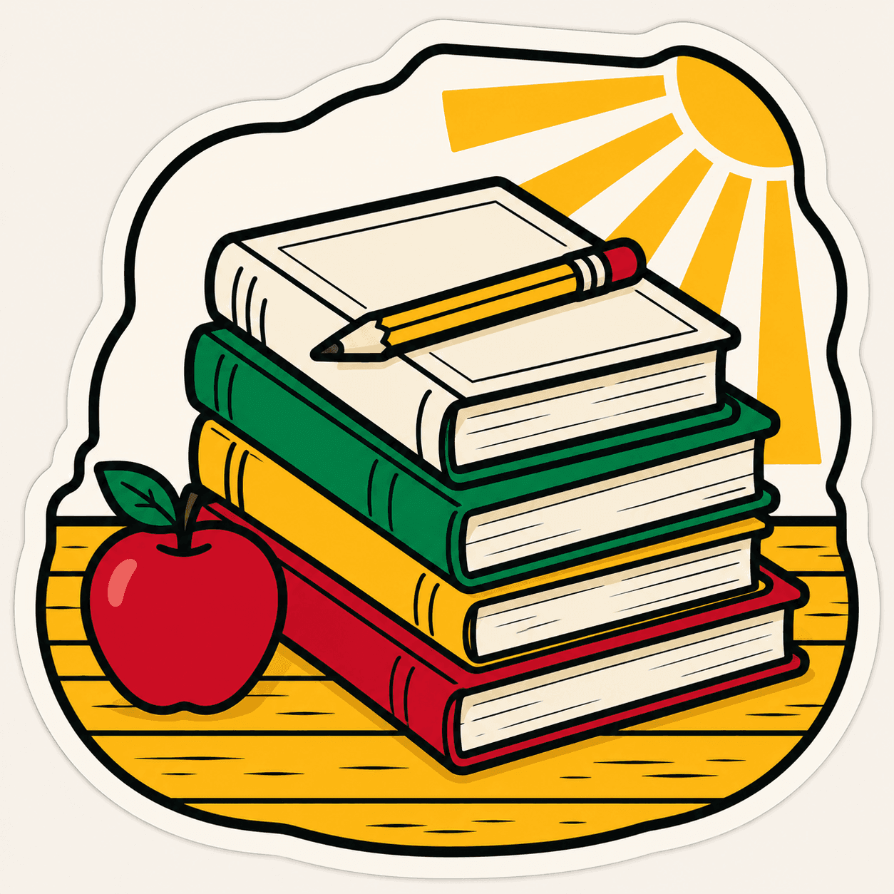 Books, a notebook, and a desk lamp, woodcut illustration