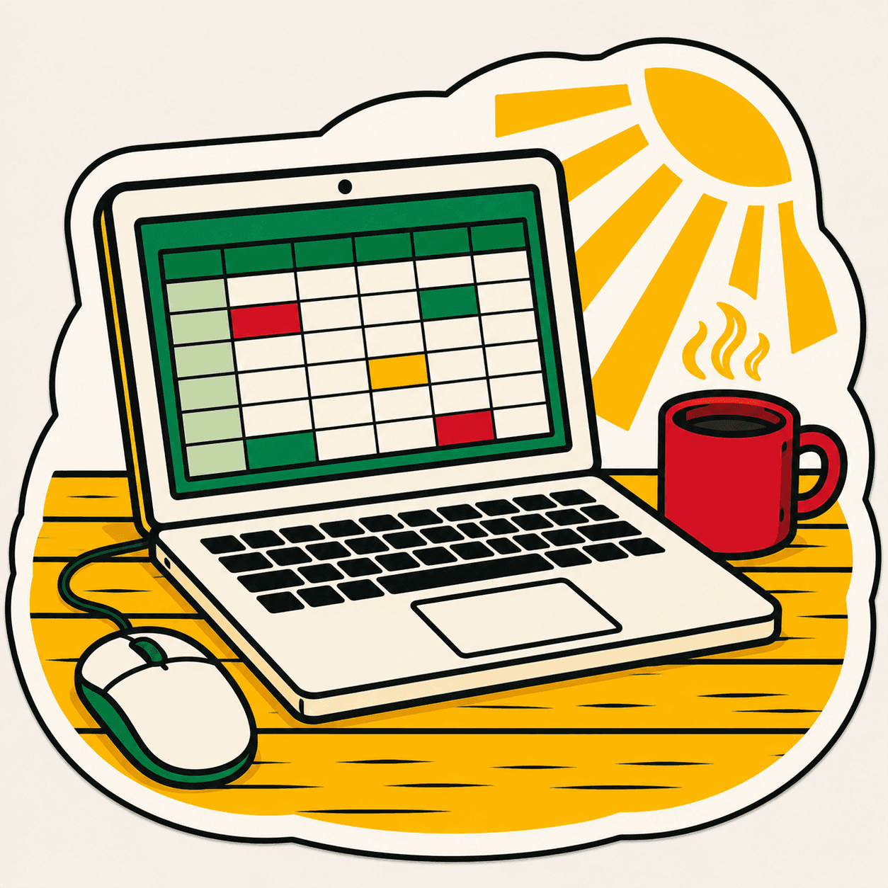 A laptop and soldering iron on a workbench, woodcut illustration