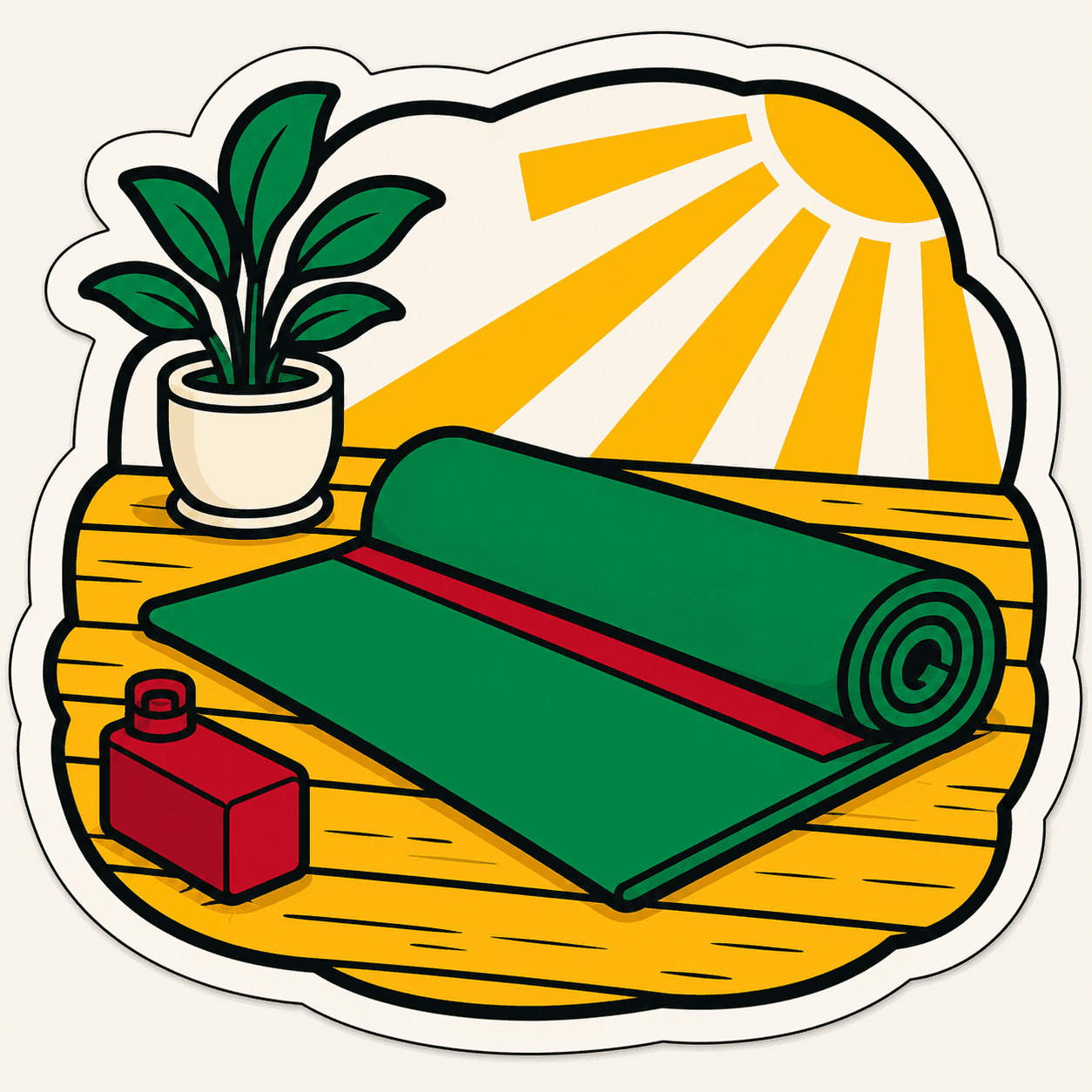 A rolled yoga mat on a wooden floor, woodcut illustration